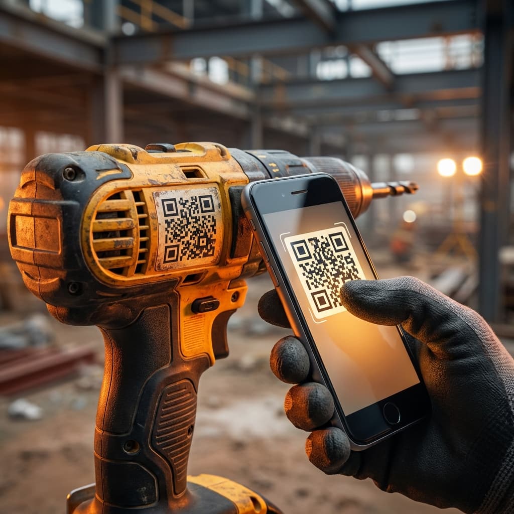 Scan QR code sur outil de chantier avec smartphone